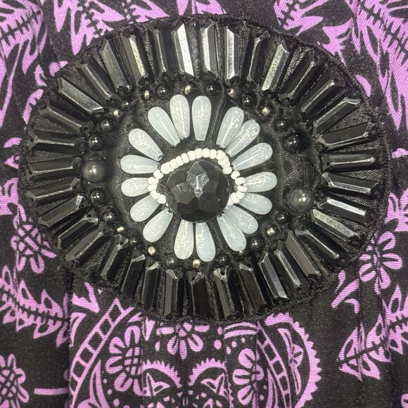 Calessa Women’s Medium Dress Black Purple Boho Medallion Beaded V-Neck Boho - Picture 7 of 8